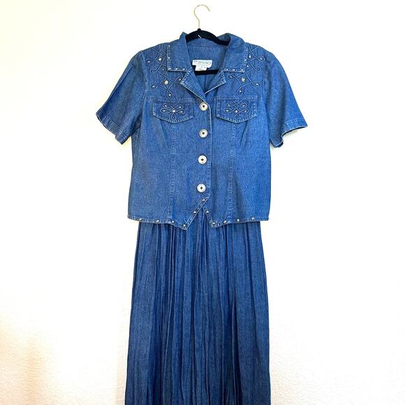 Vintage Stonebridge Women's Blue Denim Western Studded Midi Dress Size 8P - Picture 2 of 12